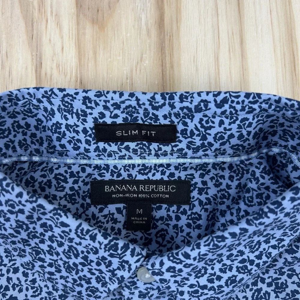 Banana Republic Men's Slim Fit Blue Floral Cotton Shirt M Long Sleeve Non Iron